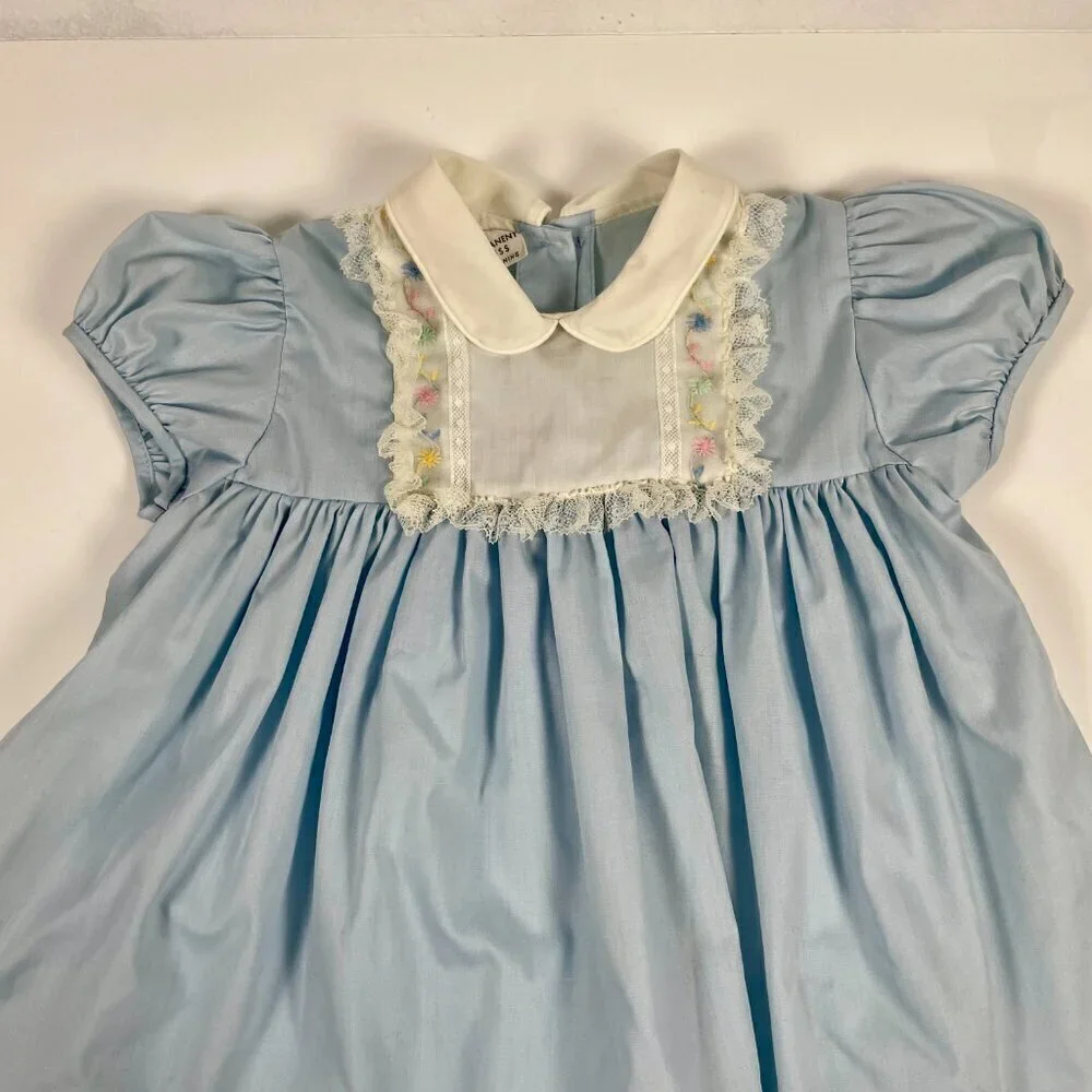 Vintage Blue and White Lace frilled Bonnie Jean Babydoll Children's Dress Sz: 4T